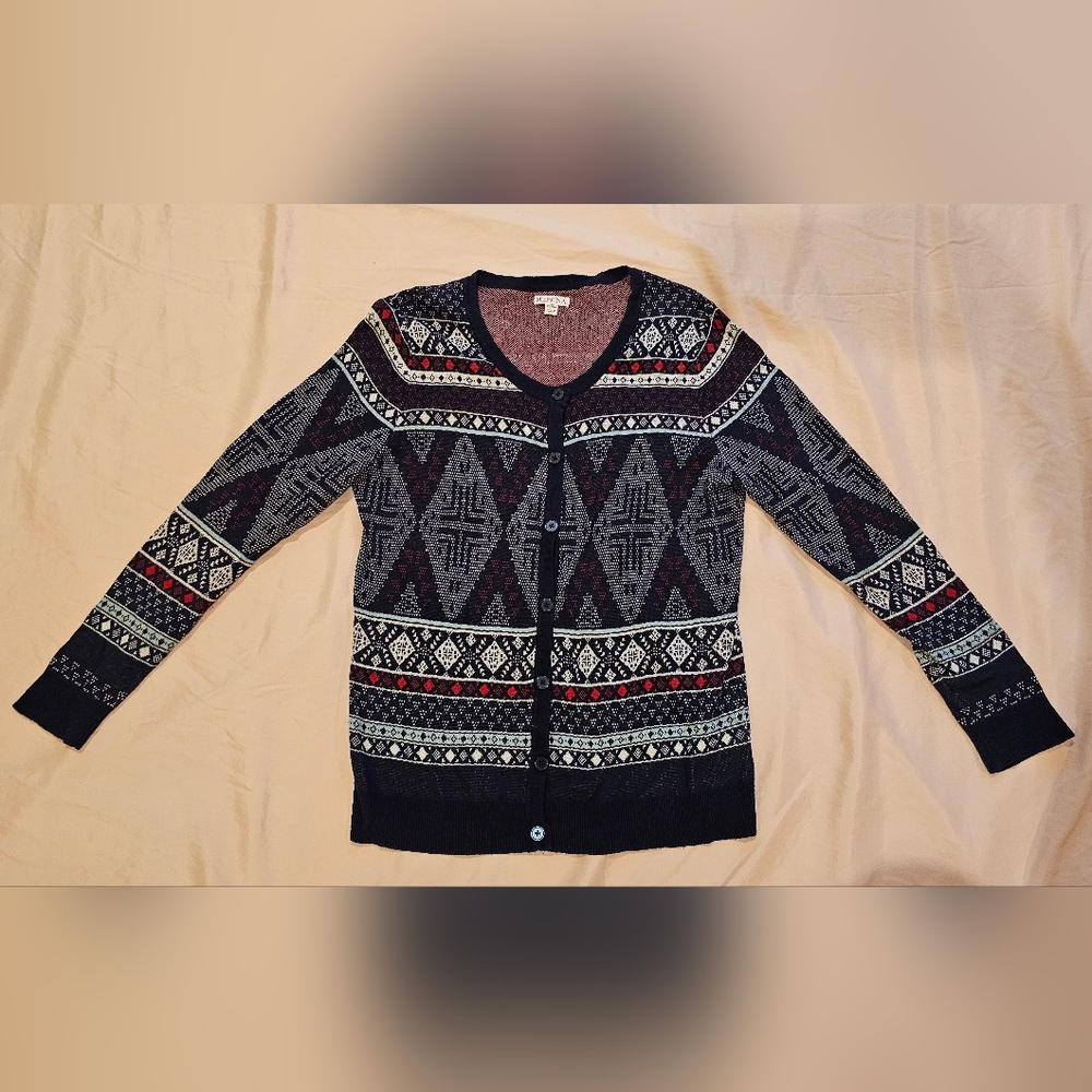 Navy, Red, Light Blue, And White Geometric Cardigan